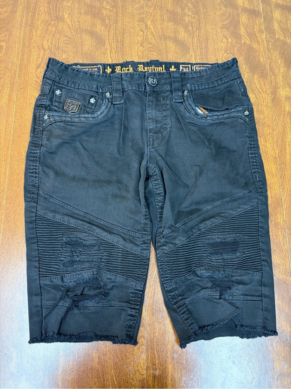 Rock Revival Men’s Black Distressed Moto Shorts Sz34